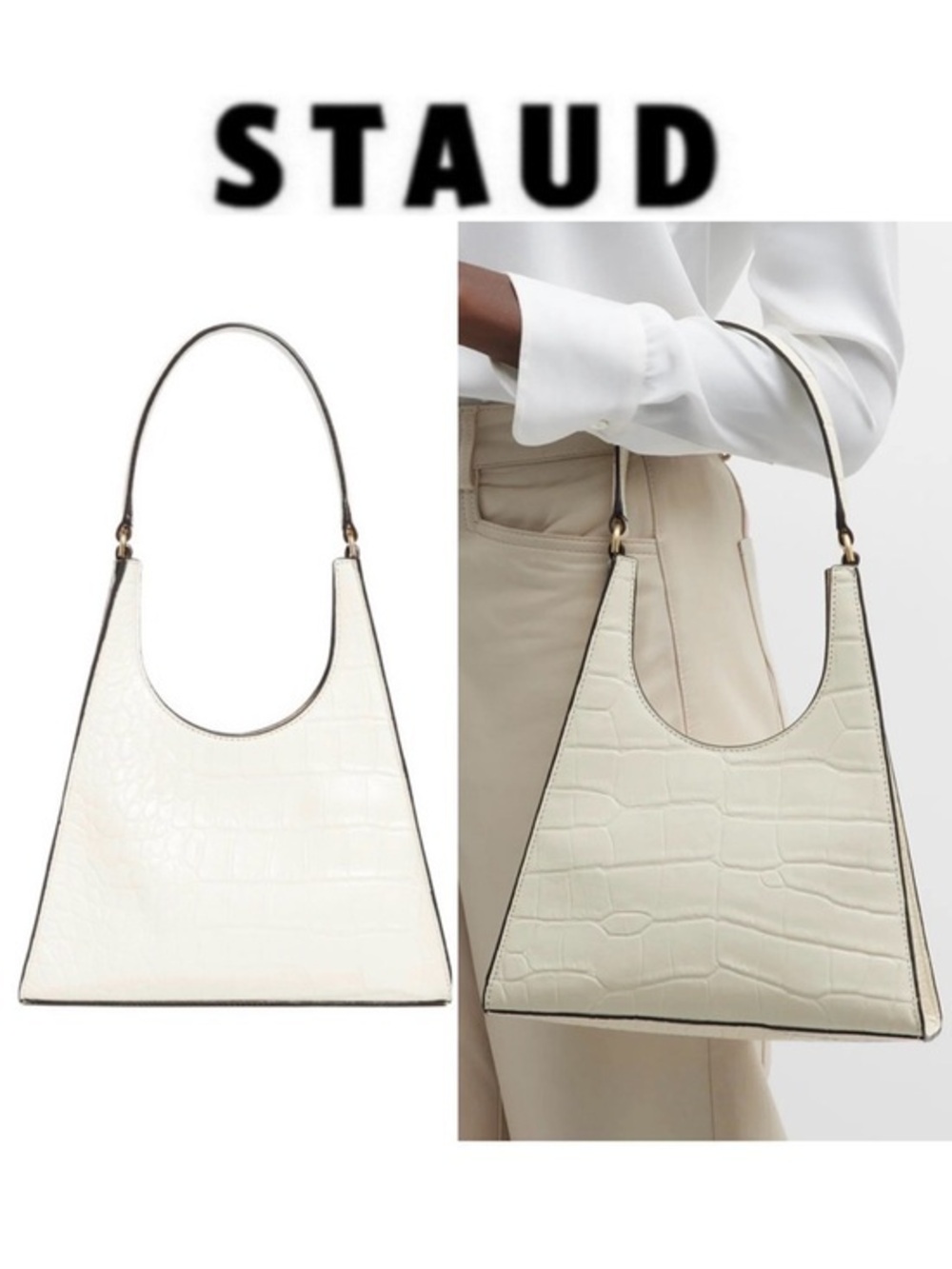 STAUD Rey Mock-Croc Crossbody Hobo Bag White Cream NWT